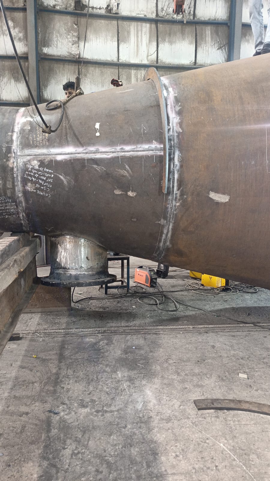 Large fabricated vessel shell under assembly