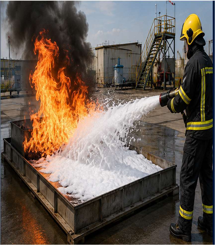 Firefighter applying foam during a controlled fire test