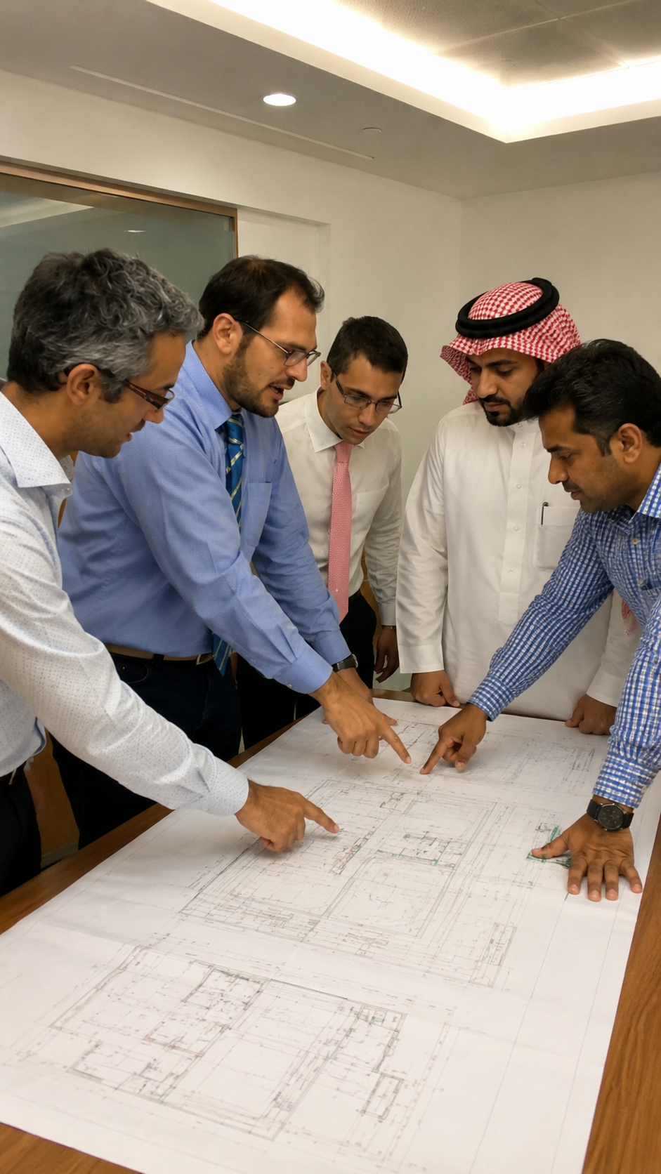 Multidisciplinary engineering team reviewing facility drawings