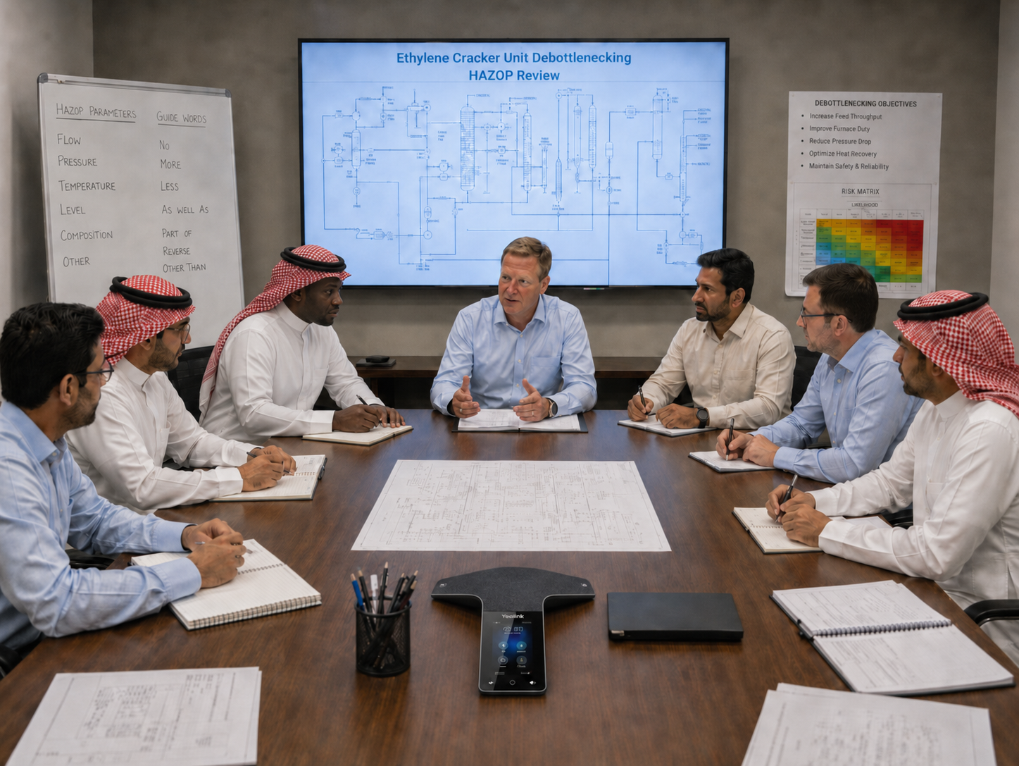Multidisciplinary team conducting a HAZOP workshop using process drawings and guidewords