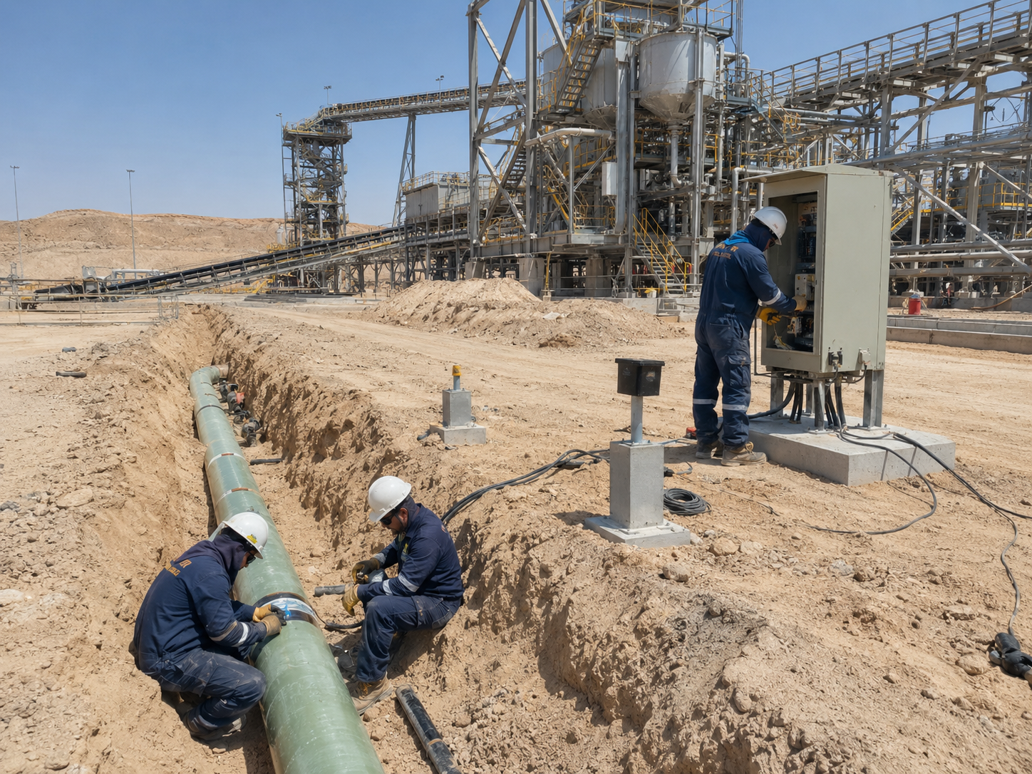 Field team installing a cathodic protection system on an industrial pipeline