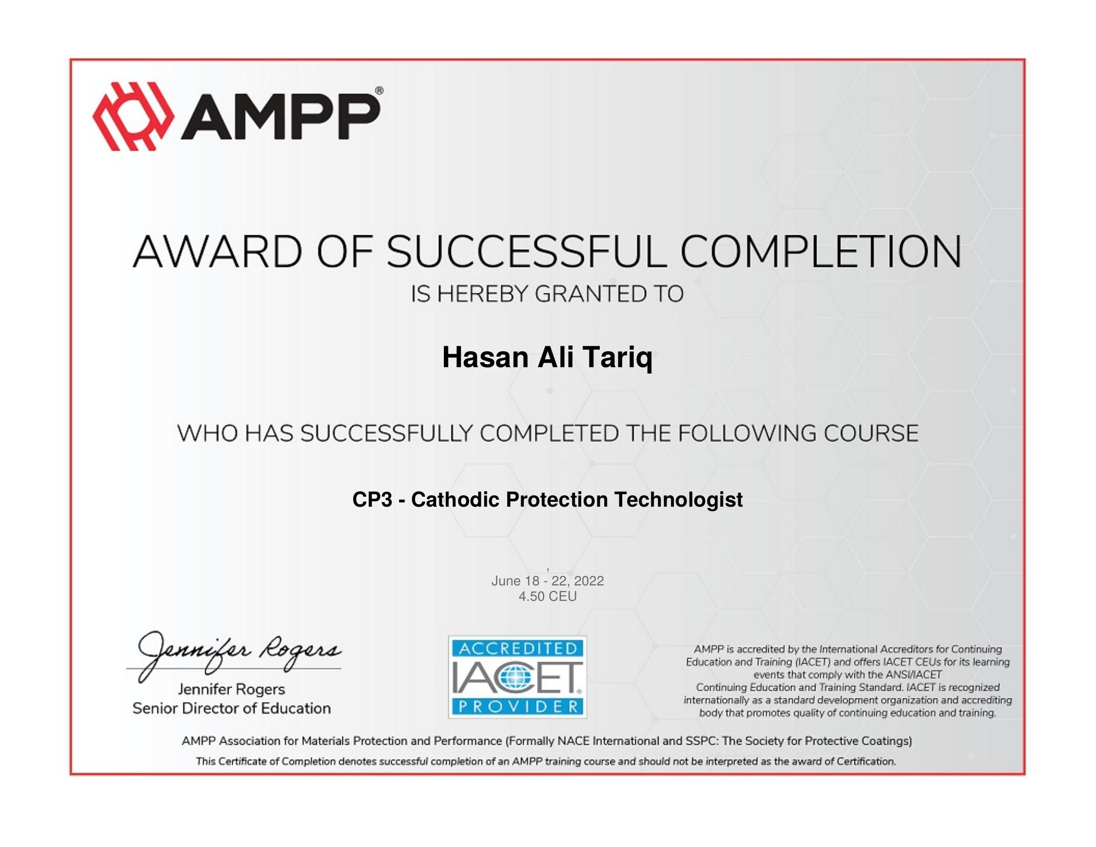 Hasan Ali Tariq AMPP CP3 certificate