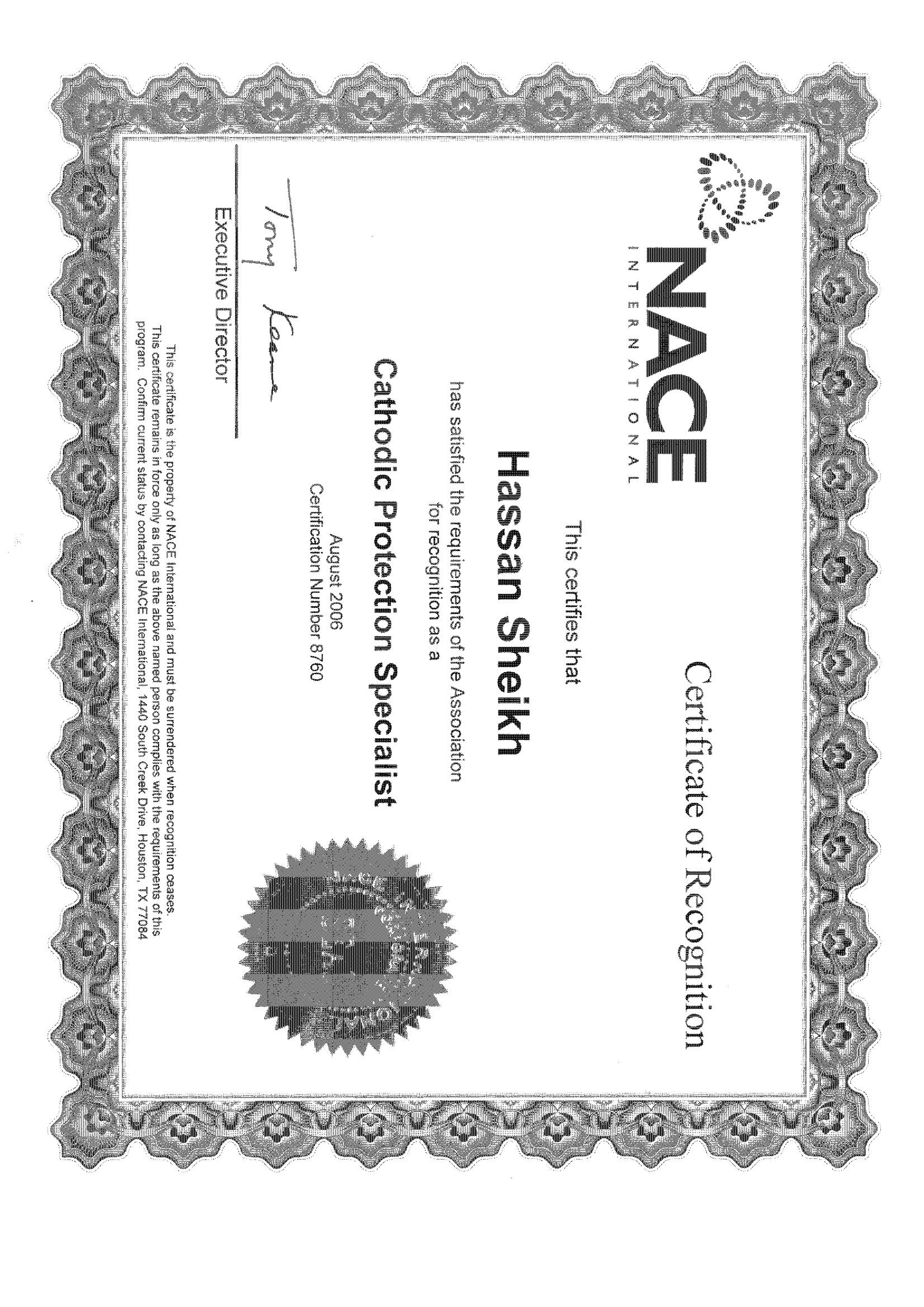 Hassan Sheikh NACE CP4 certificate