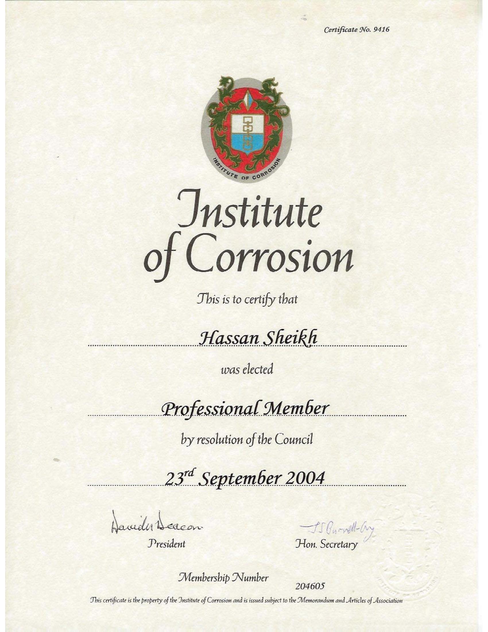 Hassan Sheikh ICorr certificate