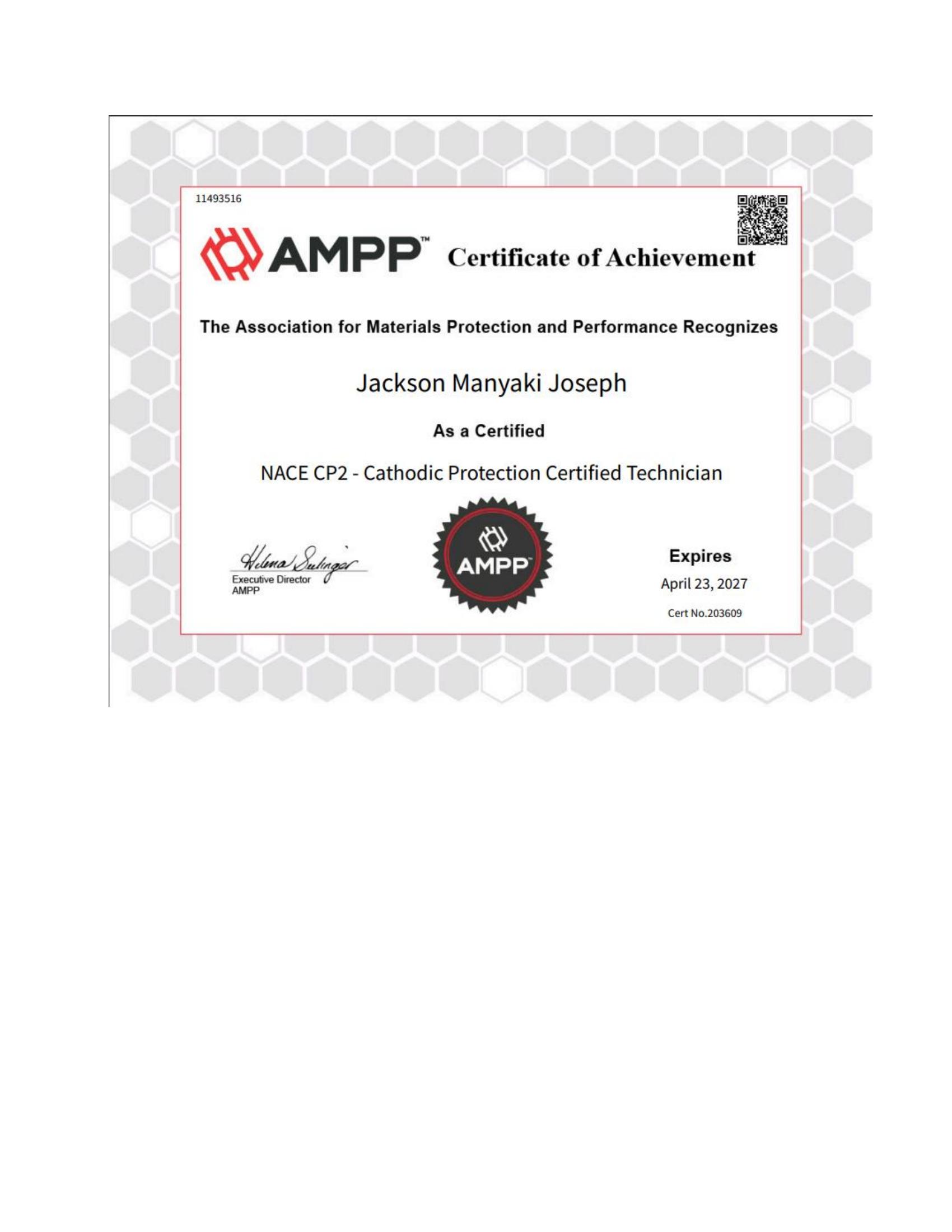 Jackson Manyaki Joseph CP2 certificate