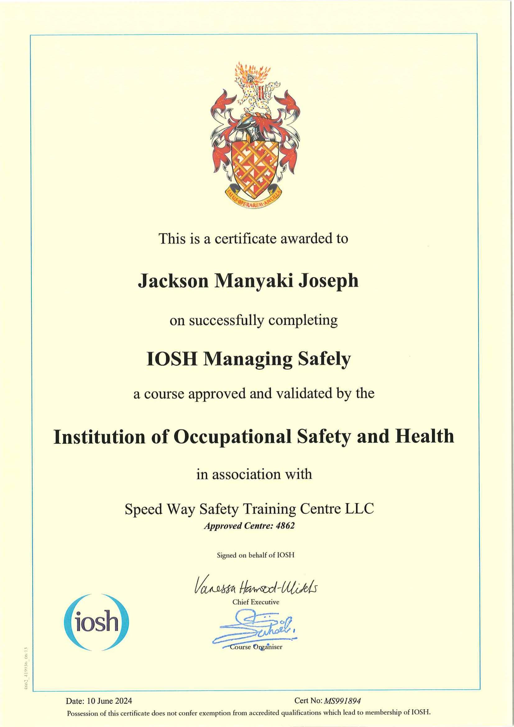 Jackson Manyaki Joseph IOSH certificate