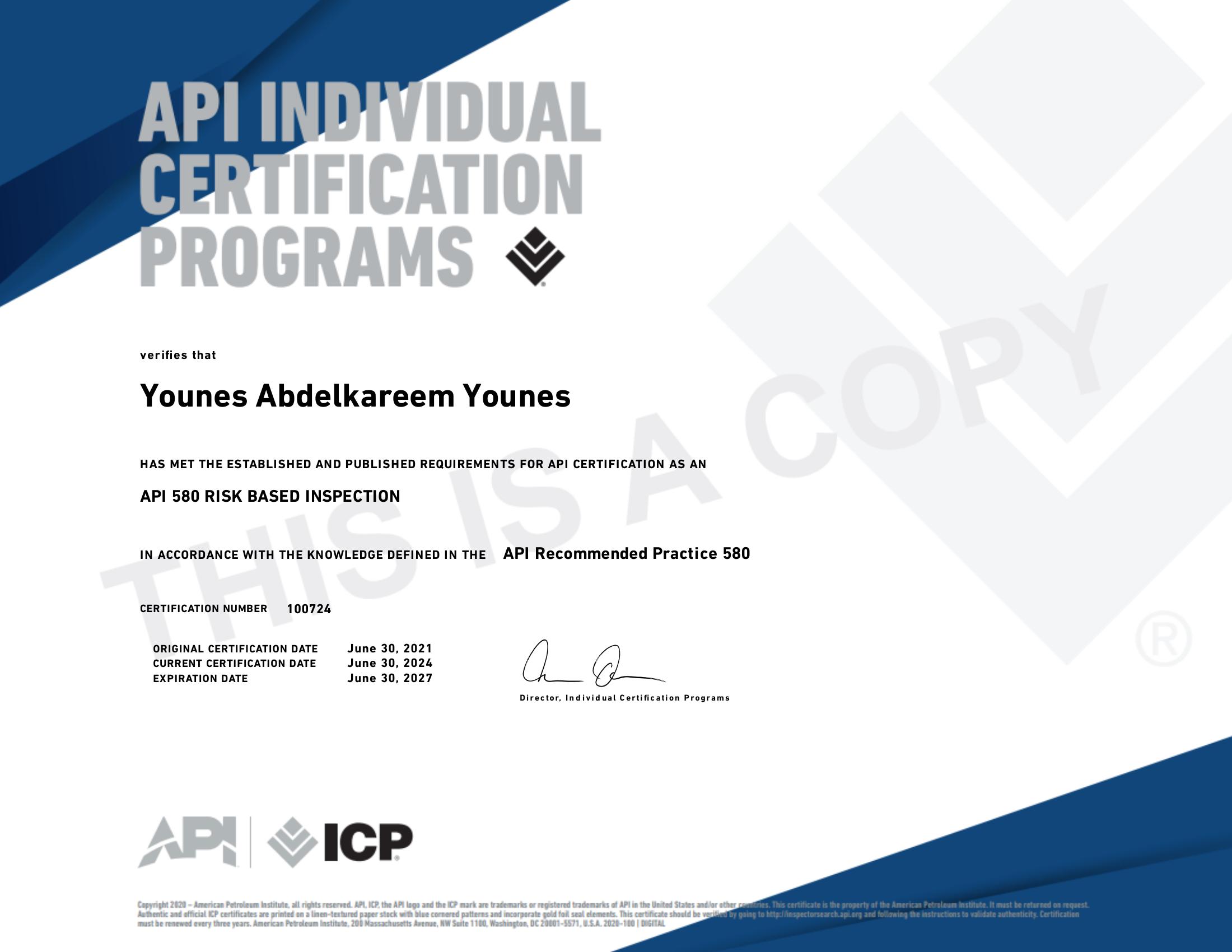 Younes API 580 certificate
