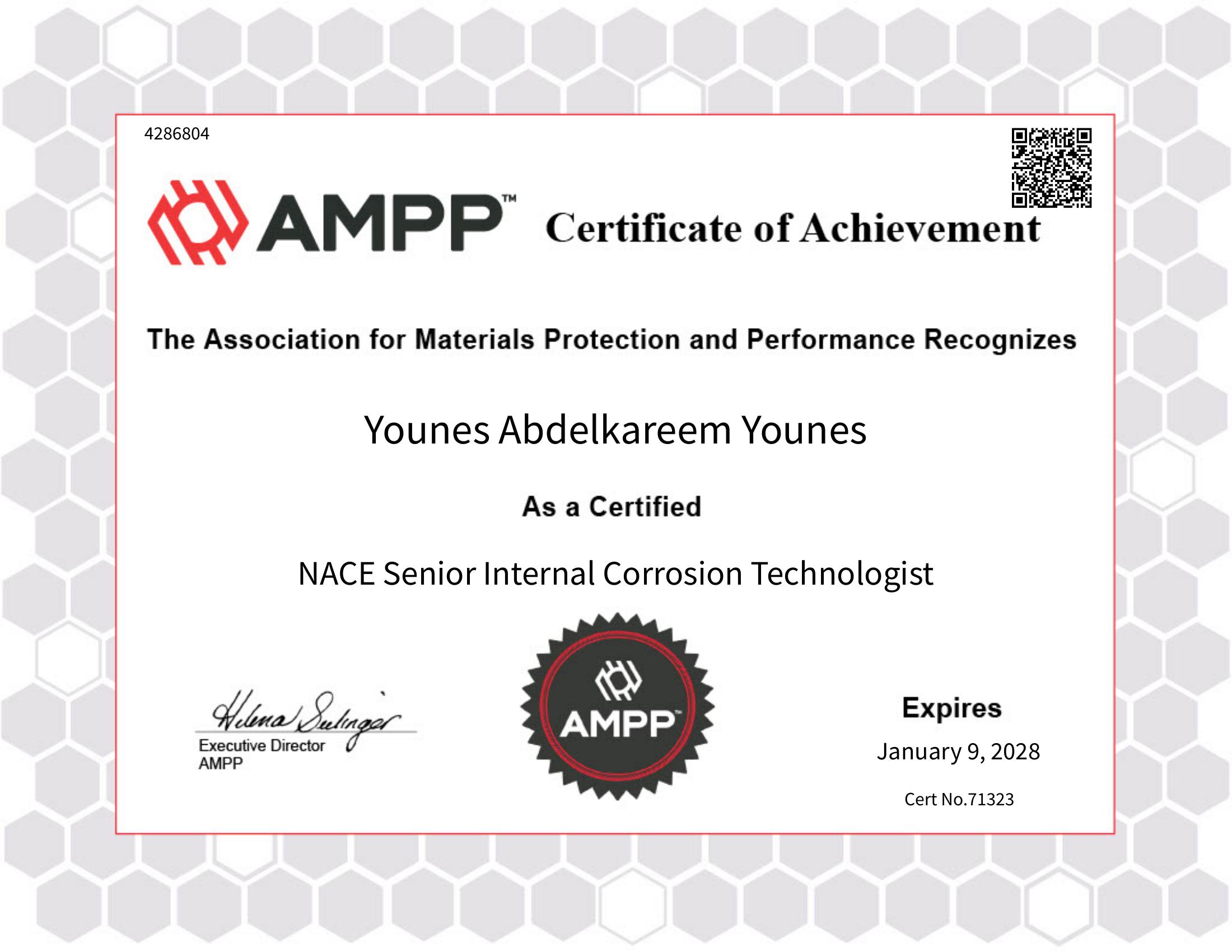 Younes Senior Internal Corrosion Technologist certificate
